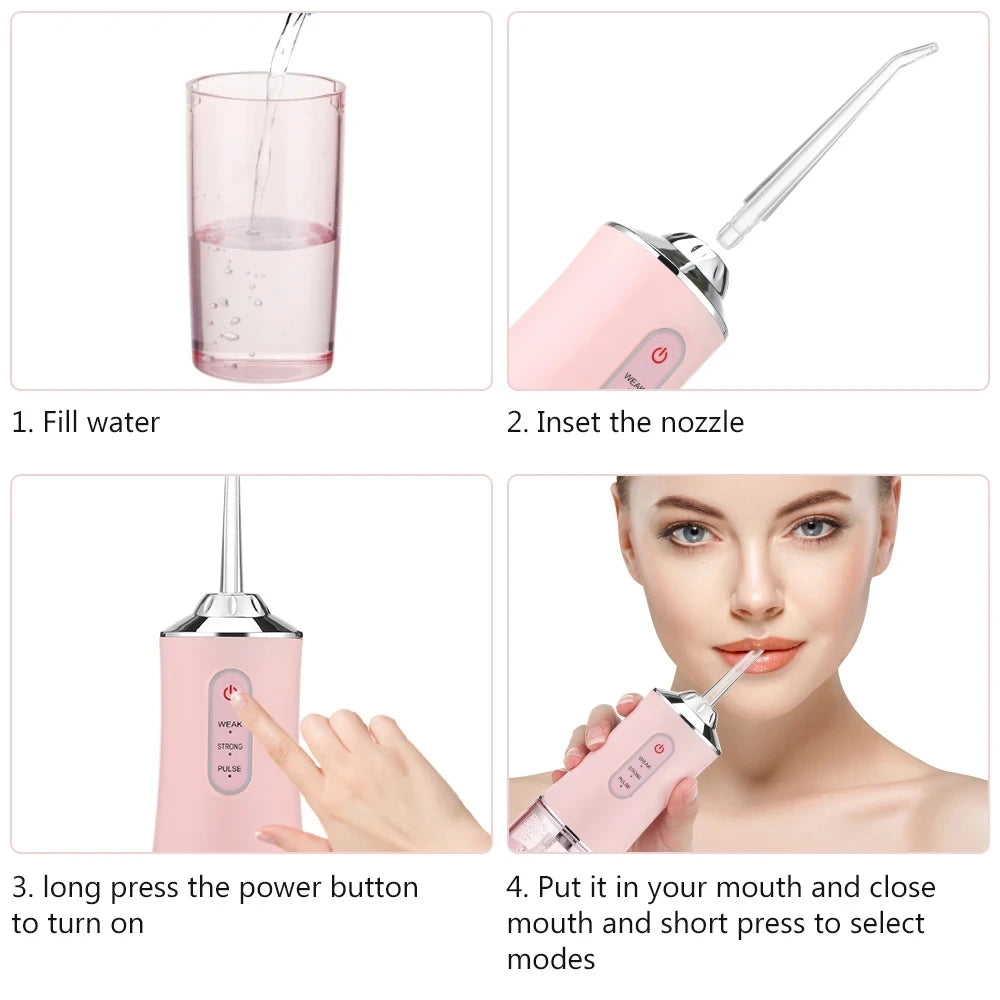 Portable Oral Irrigator USB Rechargeable Water Jet Flosser 4 Jet changeable Tip 220ml W/ 3 Modes