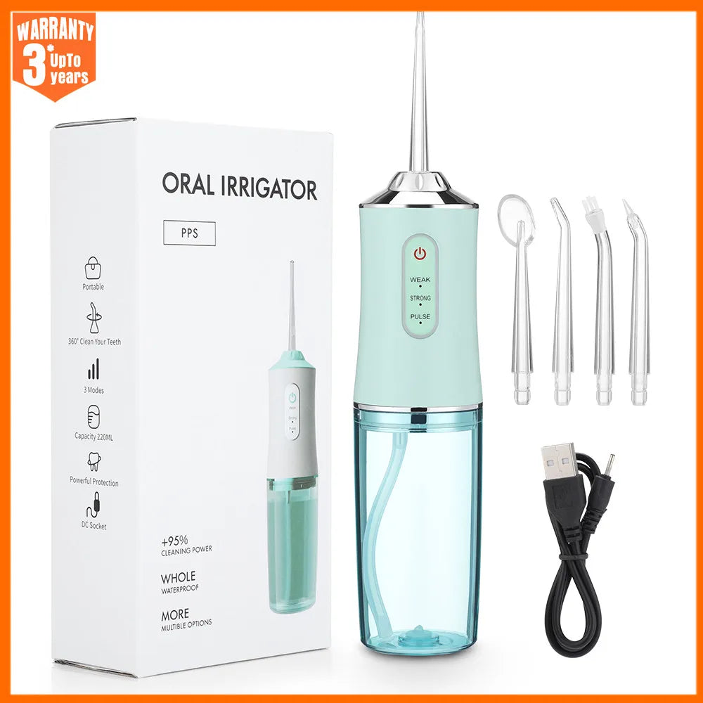 Portable Oral Irrigator USB Rechargeable Water Jet Flosser 4 Jet changeable Tip 220ml W/ 3 Modes